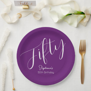 Simply Modern Script Autumn Purple 50th Birthday Paper Plate