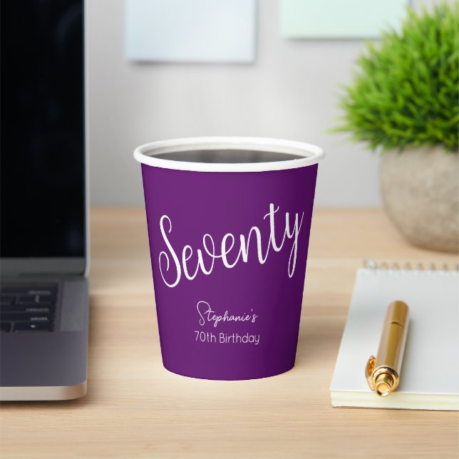 Simply Modern Script Autumn Purple 70th Birthday Paper Cups (Insitu)