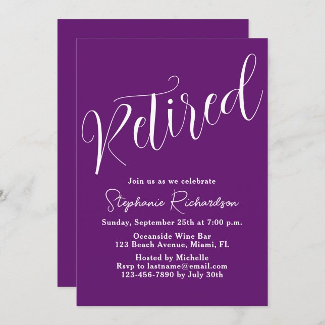 Simply Modern Script Autumn Purple Retirement Invitation (Front/Back)