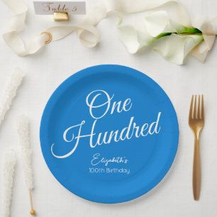 Simply Modern Script Blue 100th Birthday Party Paper Plate