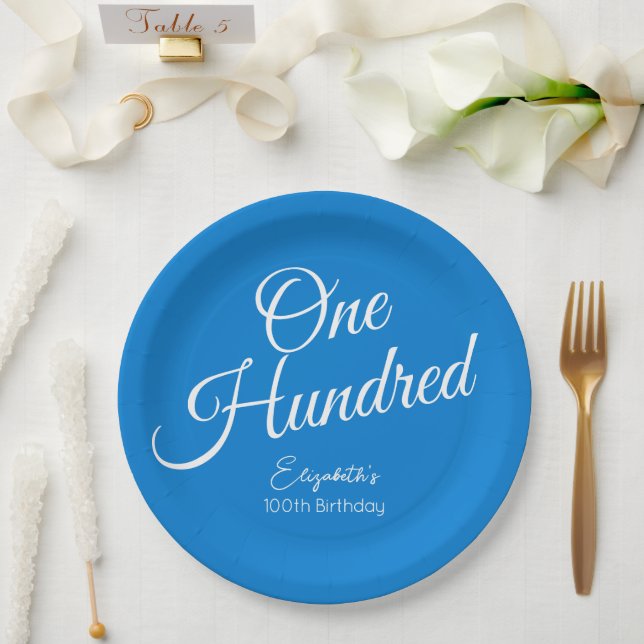 Simply Modern Script Blue 100th Birthday Party Paper Plate (Wedding)