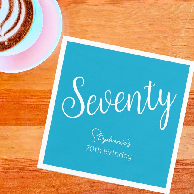 Simply Modern Script Blue 70th Birthday Party Napkin (Creator Uploaded)