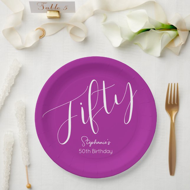 Simply Modern Script Dark Pink 50th Birthday Paper Plate (Wedding)