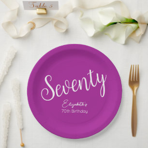 Simply Modern Script Dark Pink 70th Birthday Paper Plate