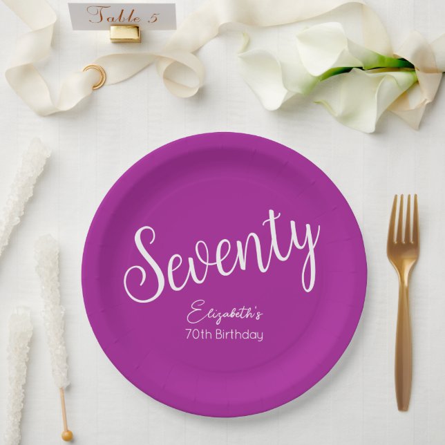Simply Modern Script Dark Pink 70th Birthday Paper Plate (Wedding)
