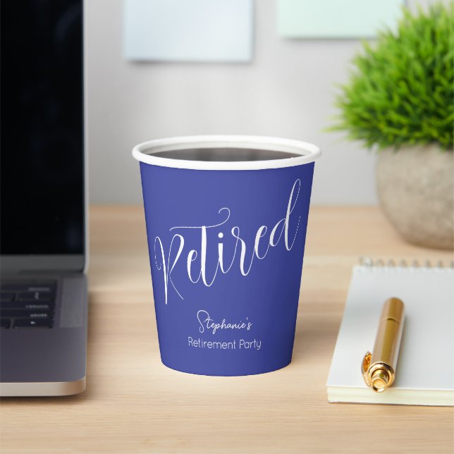 Simply Modern Script Lavender Retirement Party Paper Cups (Insitu)