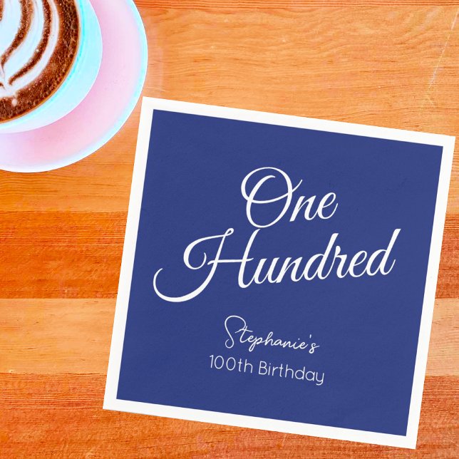 Simply Modern Script Navy Blue 100th Birthday Napkin (Creator Uploaded)