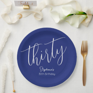 Simply Modern Script Navy Blue 30th Birthday Party Paper Plate