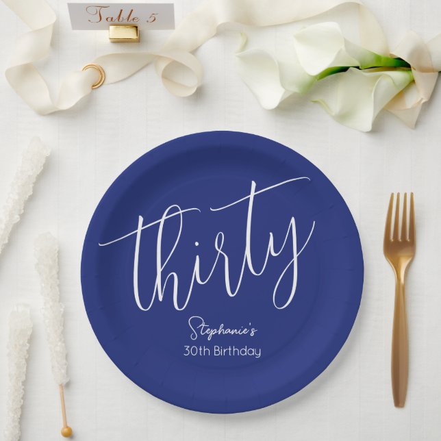Simply Modern Script Navy Blue 30th Birthday Party Paper Plate (Wedding)