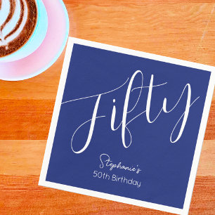 Simply Modern Script Navy Blue 50th Birthday Napkin