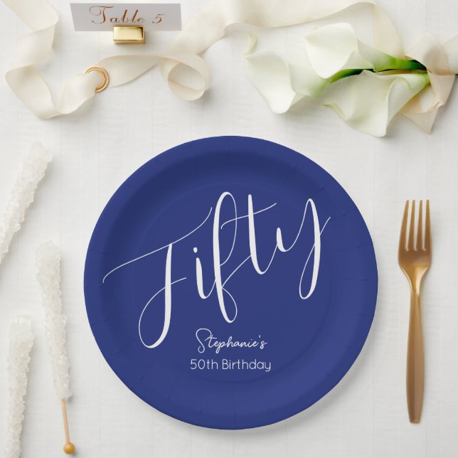 Simply Modern Script Navy Blue 50th Birthday Paper Plate (Wedding)