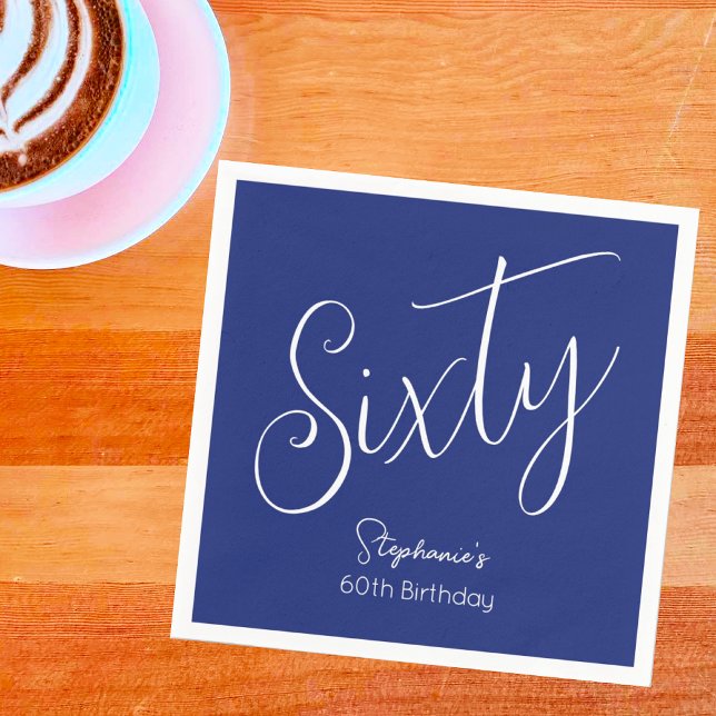 Simply Modern Script Navy Blue 60th Birthday Napkin (Creator Uploaded)