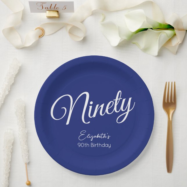 Simply Modern Script Navy Blue 90th Birthday Party Paper Plate (Wedding)