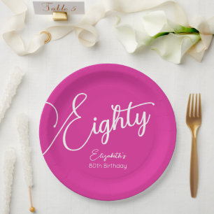 Simply Modern Script Pink 80th Birthday Party Paper Plate