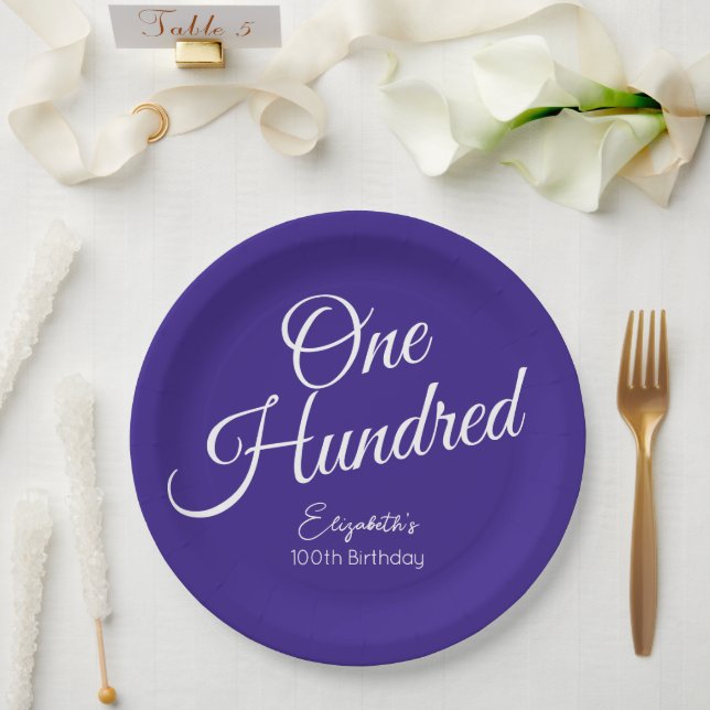 Simply Modern Script Purple 100th Birthday Paper Plate (Wedding)
