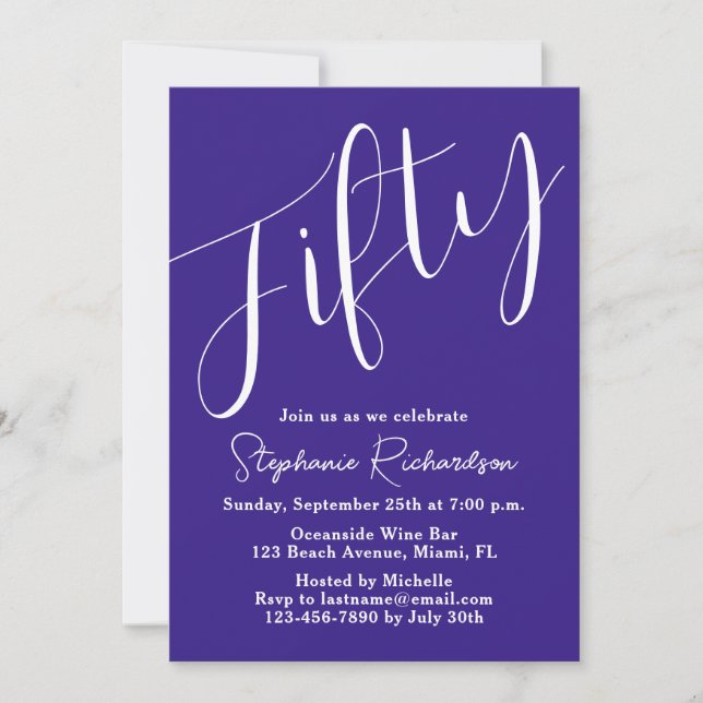 Simply Modern Script Purple 50th Birthday Invitation (Front)