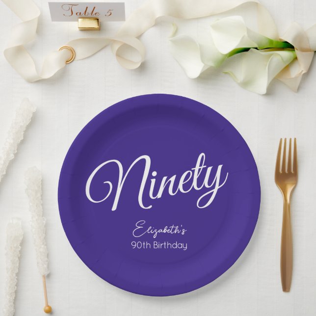 Simply Modern Script Purple 90th Birthday Party Paper Plate (Wedding)