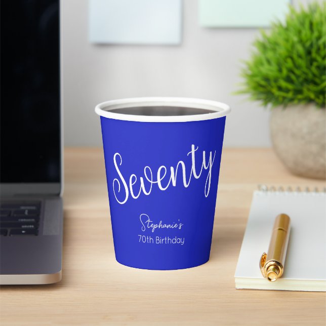 Simply Modern Script Royal Blue 70th Birthday Paper Cups (Insitu)