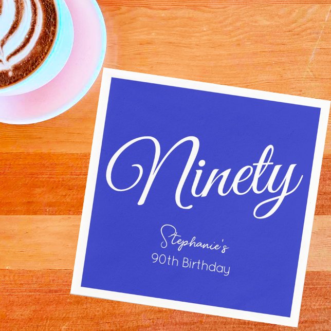 Simply Modern Script Royal Blue 90th Birthday Napkin (Creator Uploaded)