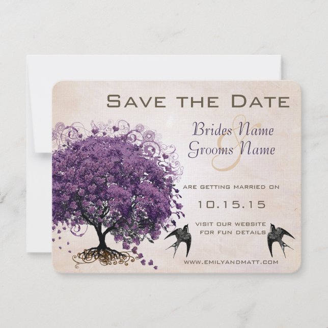 Simply Peachy Purple Heart Leaf Tree Save the Date (Front)