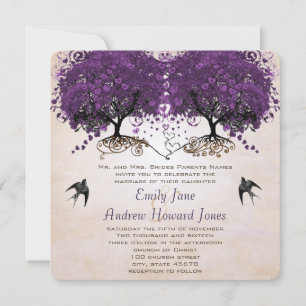 Simply Peachy Purple Vintage Heart Leaf Tree Invitation