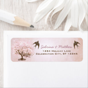 Simply Pink and Chocolate Brown Heart Leaf Tree Return Address Label