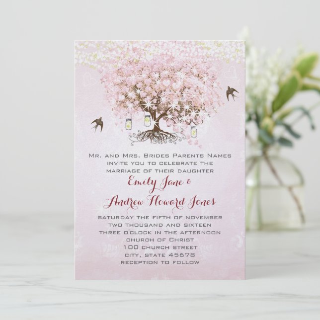 Simply Pink Heart Leaf Tree Love Bird Wedding Invitation (Standing Front)