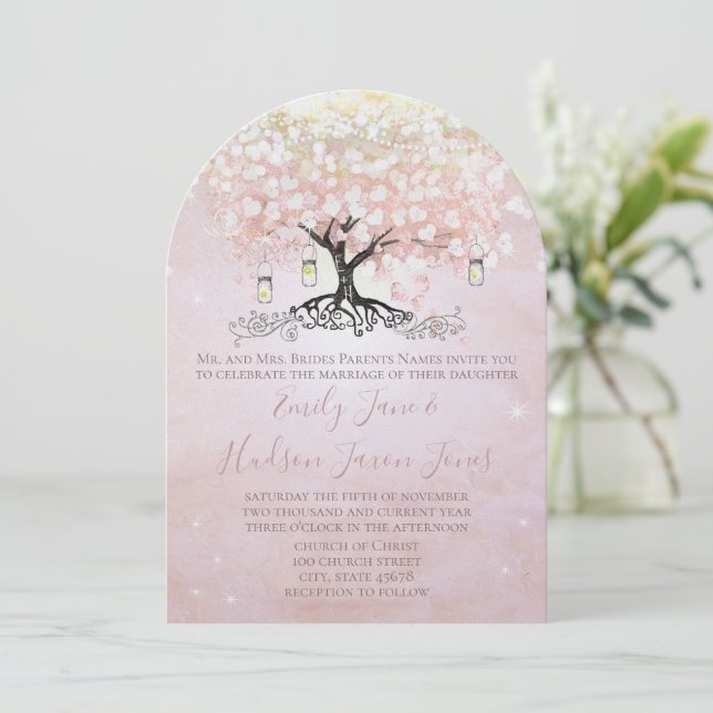 Simply Pink Heart Leaf Tree Mason Jar Wedding Invitation (Standing Front)