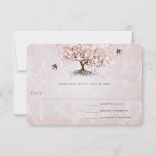 Simply Pink Heart Leaf Tree Wedding RSVP Card