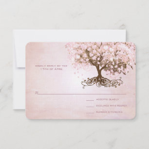 Simply Pink Heart Leaf Tree Wedding RSVP Card