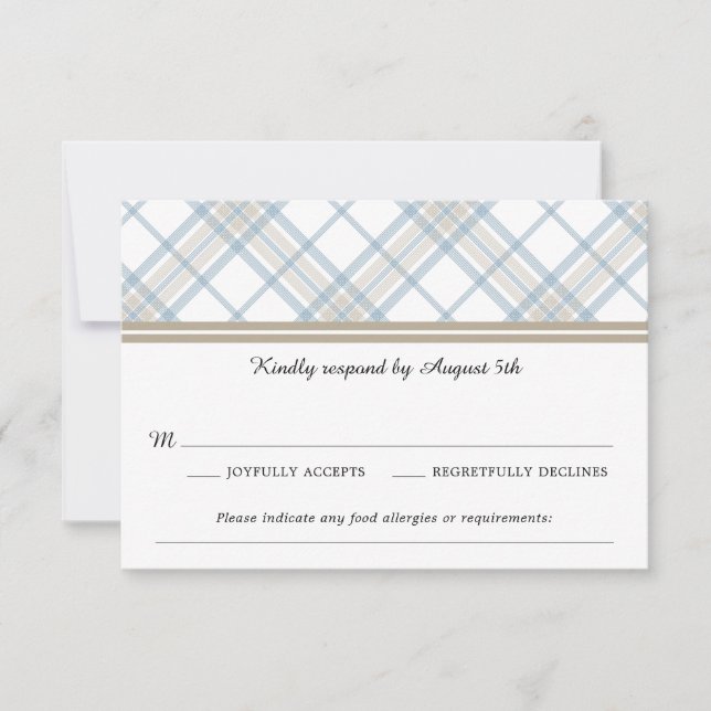 Simply Plaid Blue & Tan  Wedding RSVP Card (Front)