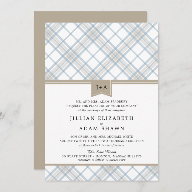 Simply Plaid Blue & Tan with Monogram Wedding Invitation (Front/Back)