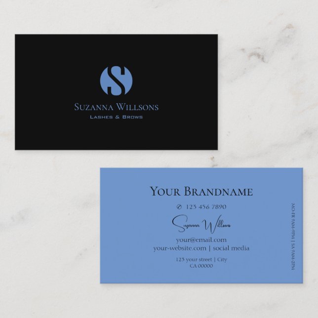 Simply Plain Black and Blue with Monogram Stylish Business Card (Front/Back)
