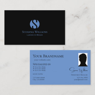 Simply Plain Black Blue with Monogram and Photo Business Card