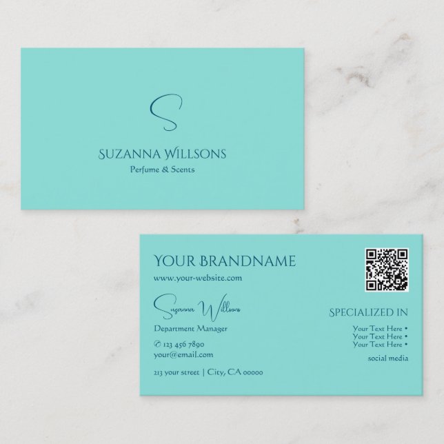 Simply Plain Teal with Monogram and QR Code Modern Business Card (Front/Back)