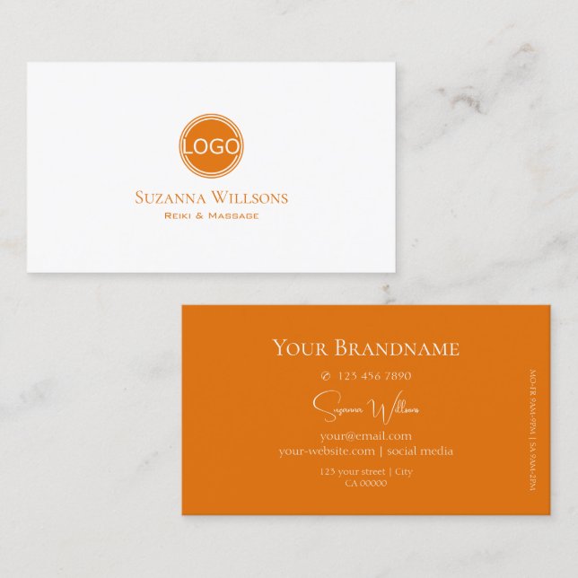 Simply Plain White and Orange with Logo Classic Business Card (Front/Back)