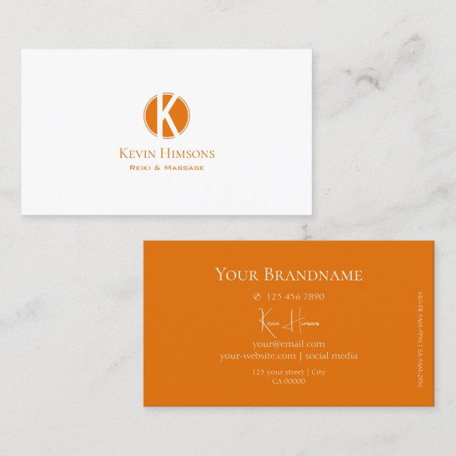 Simply Plain White and Orange with Monogram Modern Business Card (Front/Back)