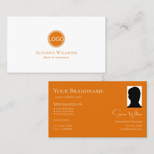 Simply Plain White Orange with Logo and Photo Chic Business Card (Front/Back)