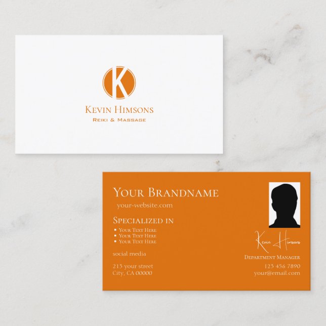 Simply Plain White Orange with Monogram and Photo Business Card (Front/Back)