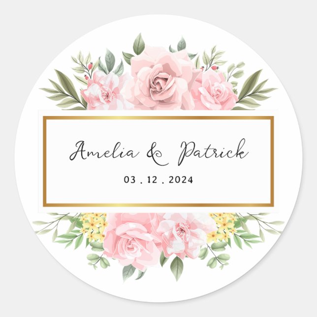 Simply Romantic Pink Rose Floral Wedding Classic Round Sticker (Front)