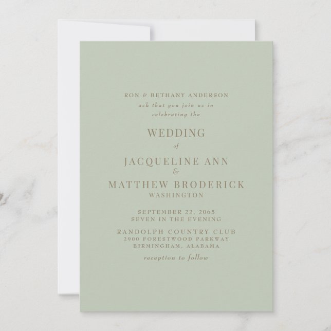 Simply Sage Bride Parents Gold Text Wedding  Invitation (Front)