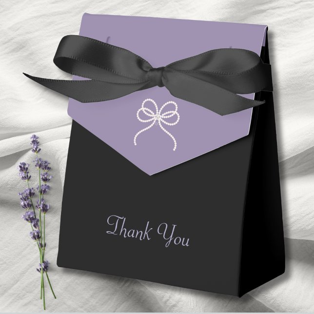 Simply Stunning Lavender and Black Bow Thank You Favour Box (The perfect finish: Elegant pearl bow favor boxes for a simply stunning celebration.)