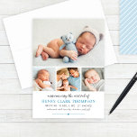 Simply Sweet Blue Baby Boy Photo Collage Birth Announcement<br><div class="desc">This stylish and sweet photo birth announcement card features four (4) photos of your newborn baby boy,  custom text that can be personalised,  heart and stripe accents,  and a colour scheme of white,  sky blue with charcoal grey. A pattern of diagonal stripes dresses up the back of the cards.</div>