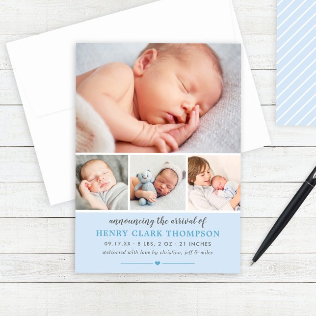 Simply Sweet Blue Baby Boy Photo Collage Birth Announcement (Creator Uploaded)