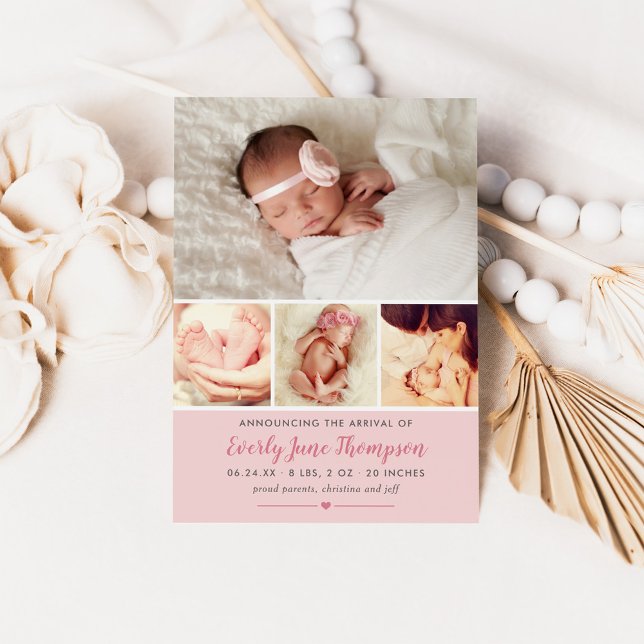Simply Sweet Pink Baby Girl Photo Collage Birth Announcement (Creator Uploaded)