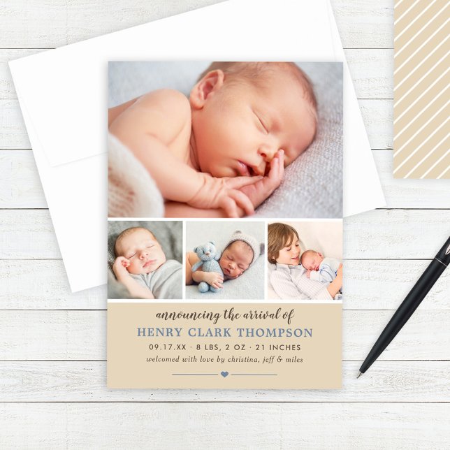 Simply Sweet Rustic Baby Boy Photo Collage Birth Announcement (Creator Uploaded)