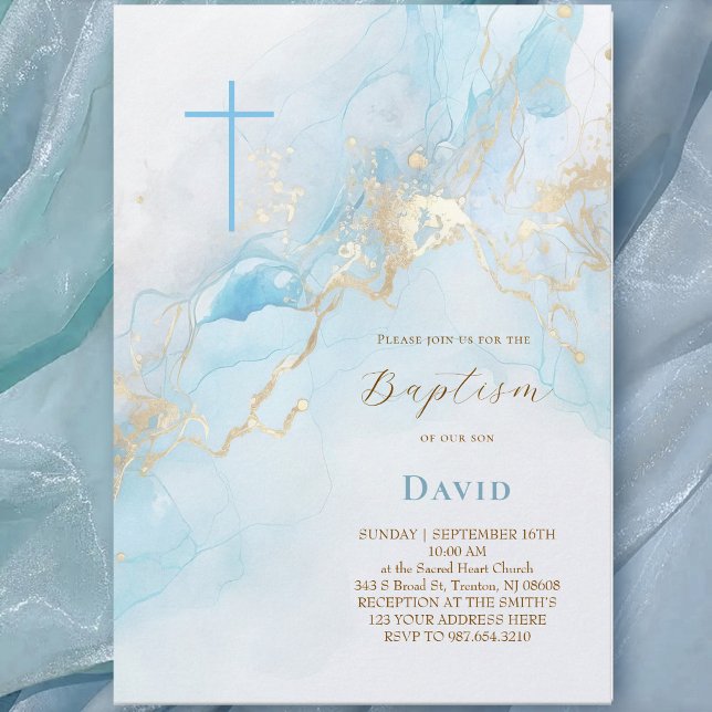 simulated foil accents blue ink splashes Baptism Invitation (Creator Uploaded)