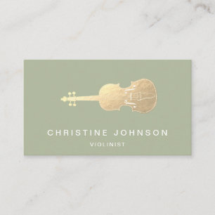 simulated gold foil violin on sage green business  card