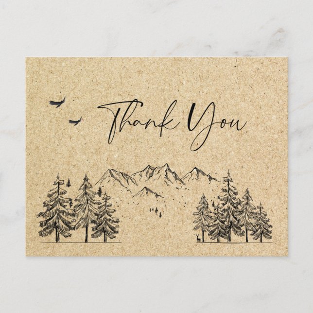Simulated Kraft Paper Forest Mountains Thank You Postcard (Front)