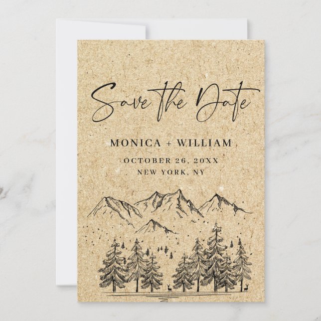 Simulated Kraft Paper Hand Drawn Mountain Wedding Save The Date (Front)